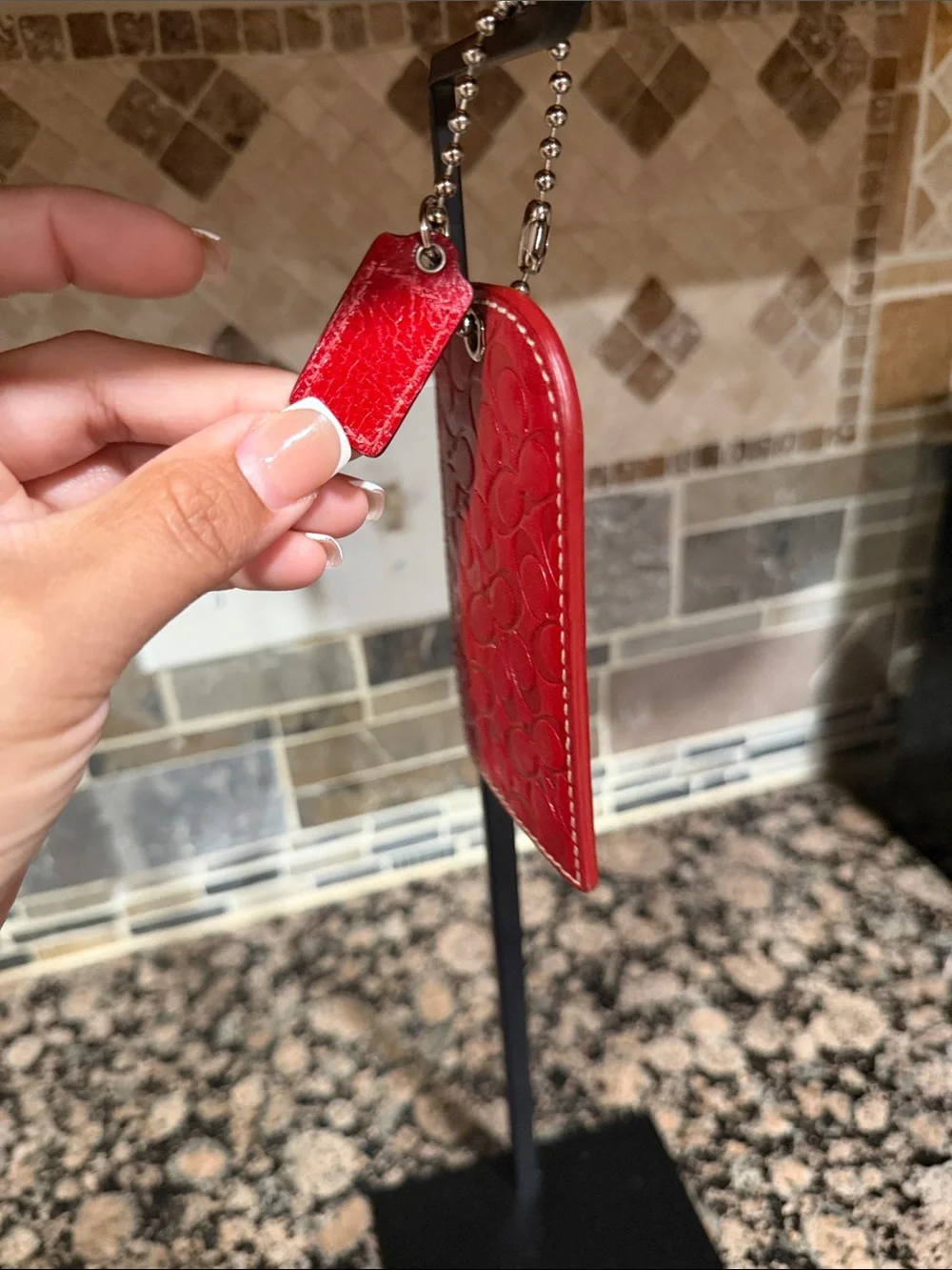 Coach Red Embossed Leather Tag with Tan Logo Tab